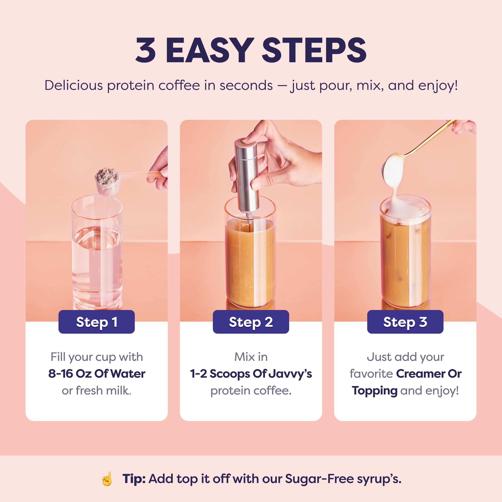 Javvy Hazelnut Protein Iced Coffee mug ready for quick protein pick me up.
