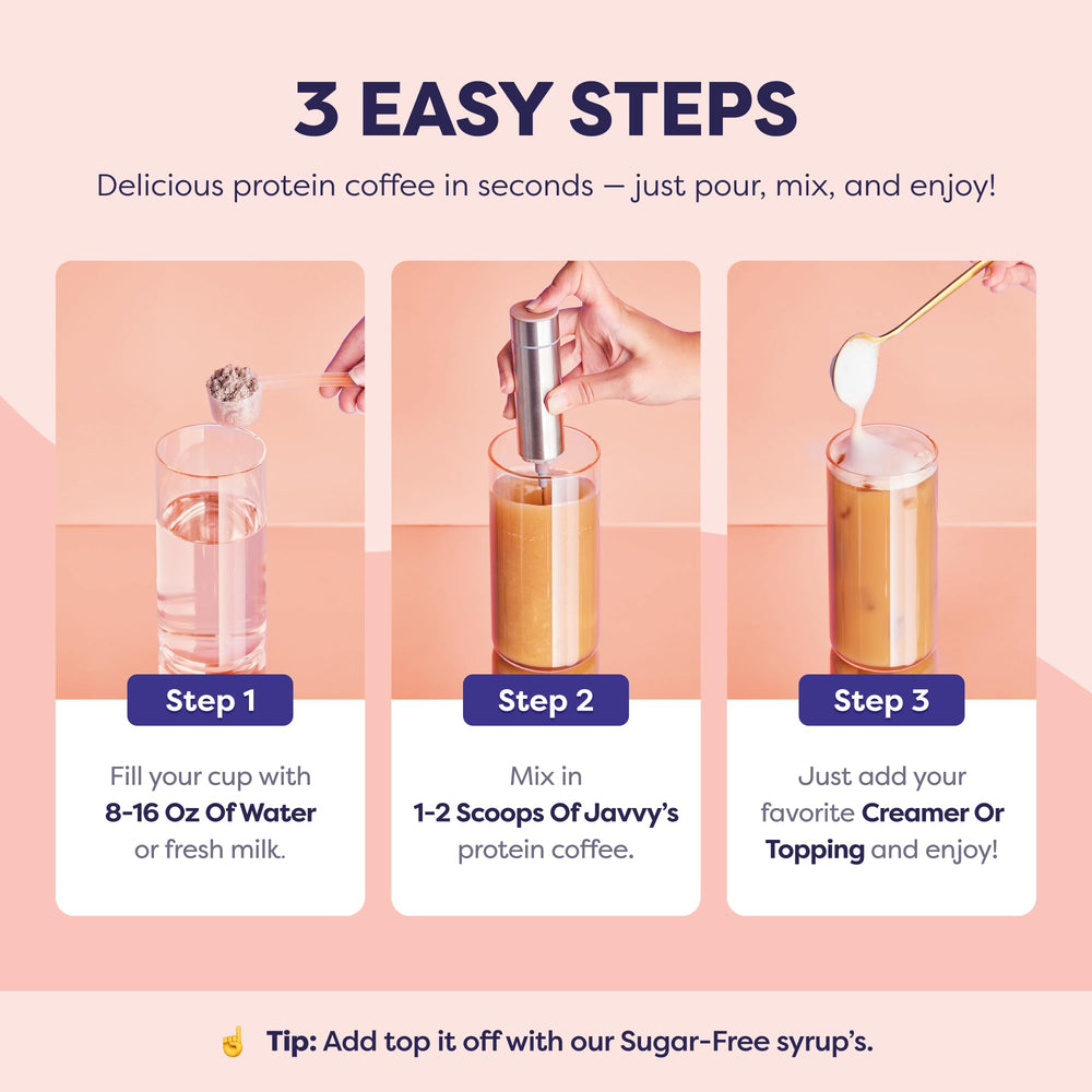 Javvy Hazelnut Protein Iced Coffee mug ready for quick protein pick me up.