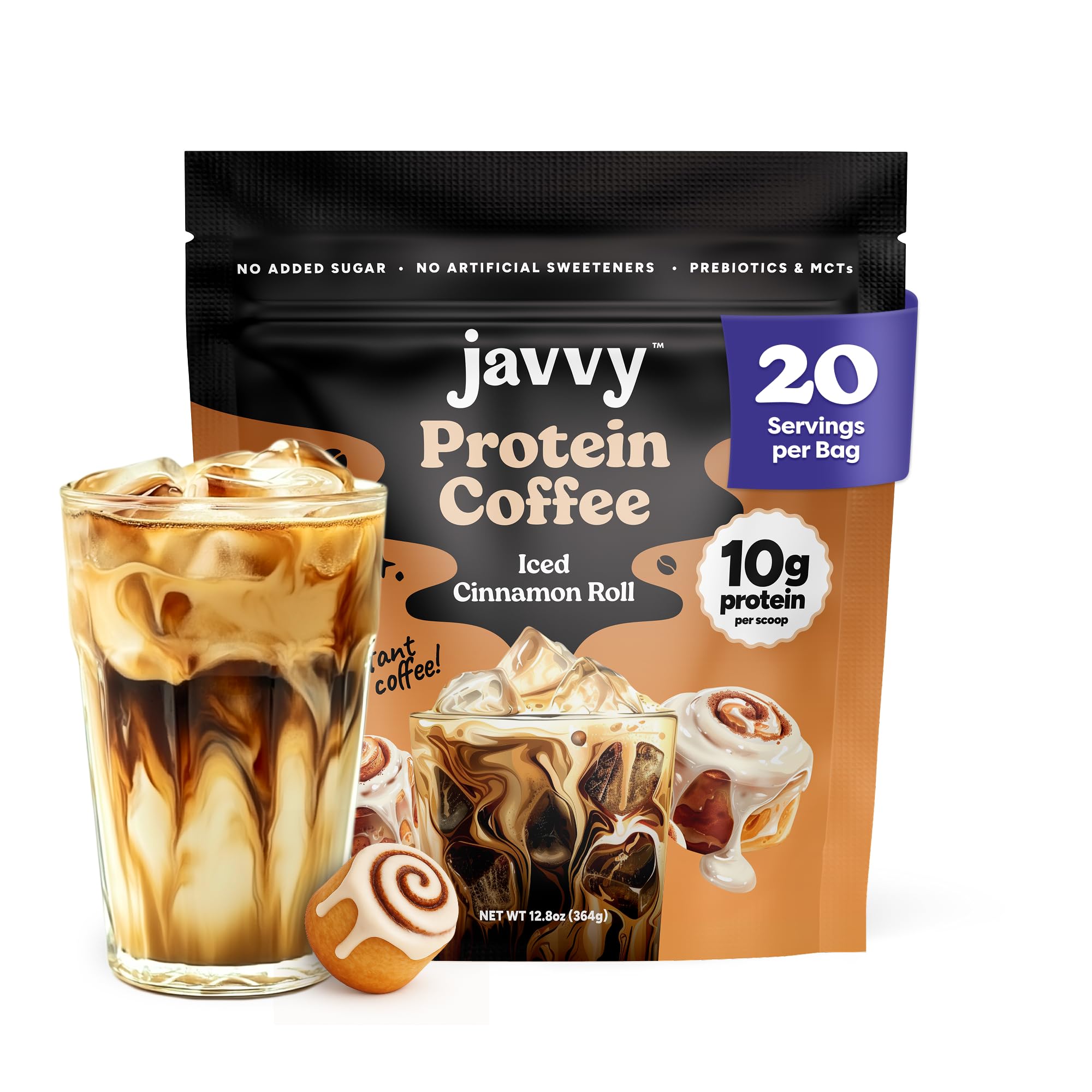 Javvy Iced Cinnamon Roll Protein Coffee bottle pour showing convenient protein boost