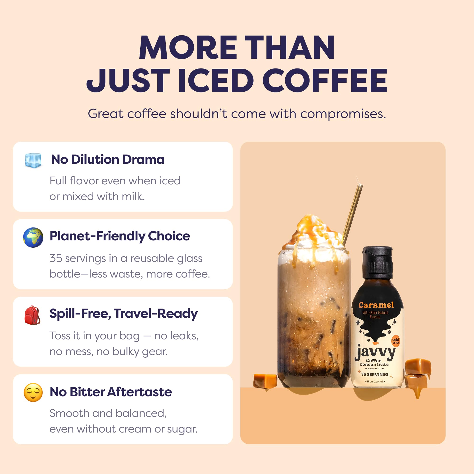 Javvy Iced coffee glass with vanilla flavor shows versatile use.