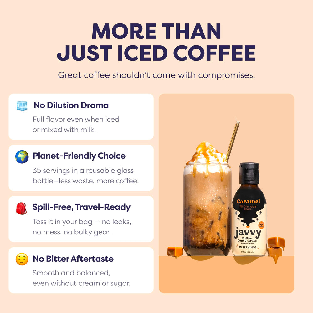 Javvy Iced coffee glass with vanilla flavor shows versatile use.