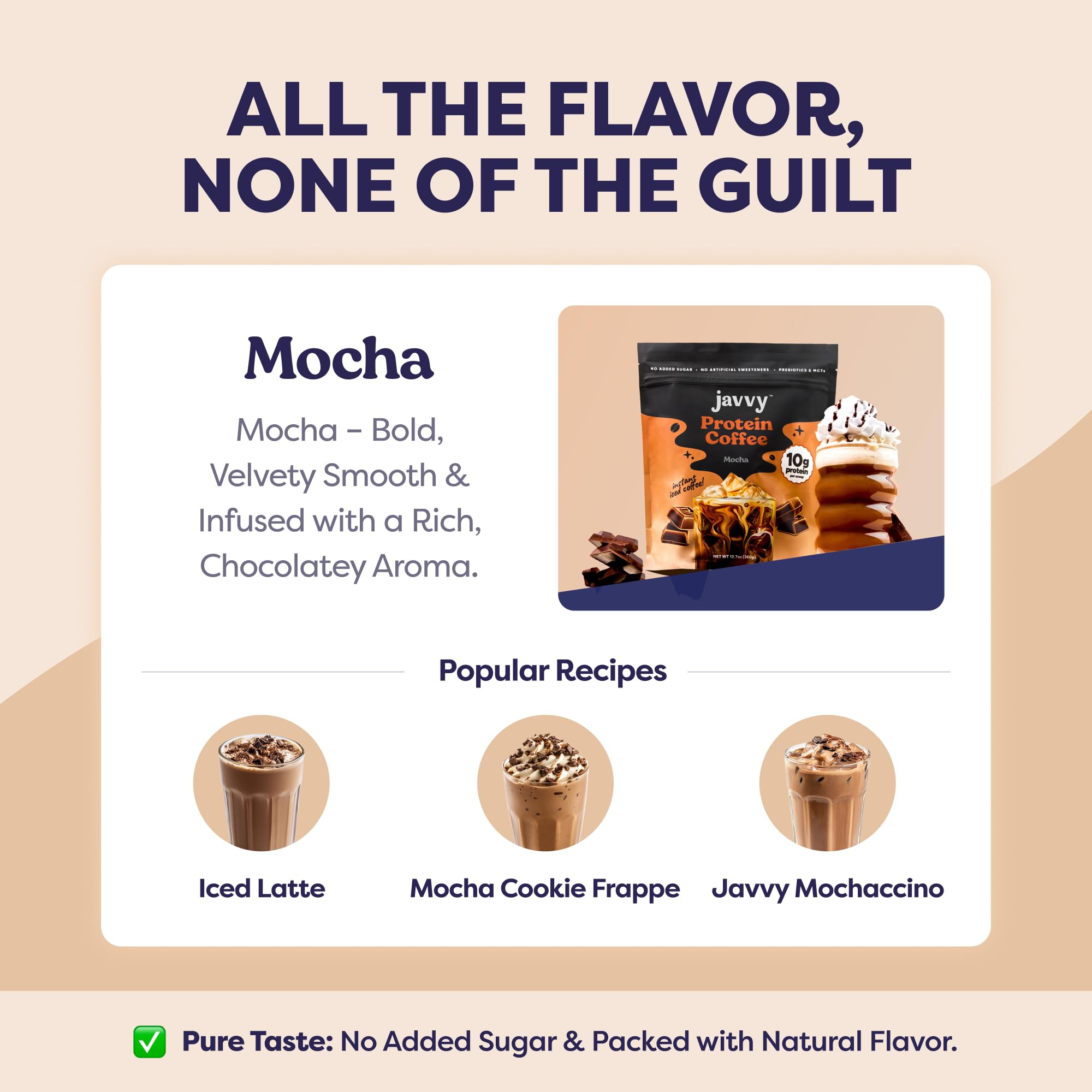 Javvy Mocha Protein Iced Coffee mug-ready serving on a glass