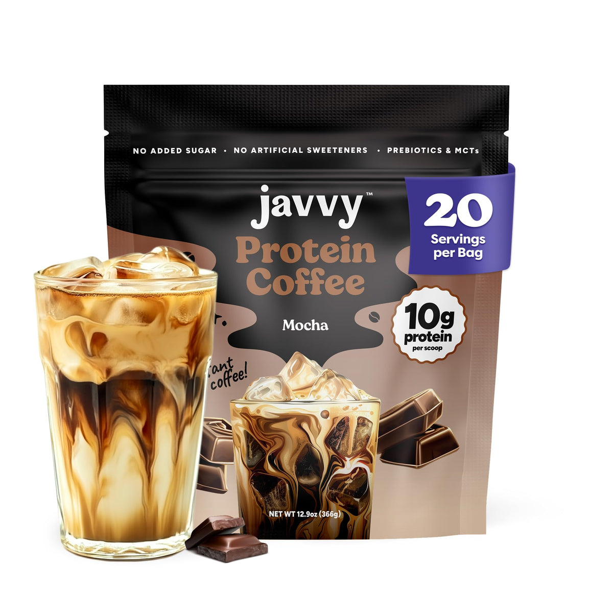 Javvy Mocha Protein Iced Coffee pour showcases rich mocha flavor and protein boost