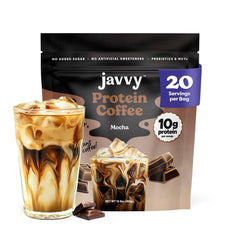 Javvy Mocha Protein Iced Coffee pour showcases rich mocha flavor and protein boost
