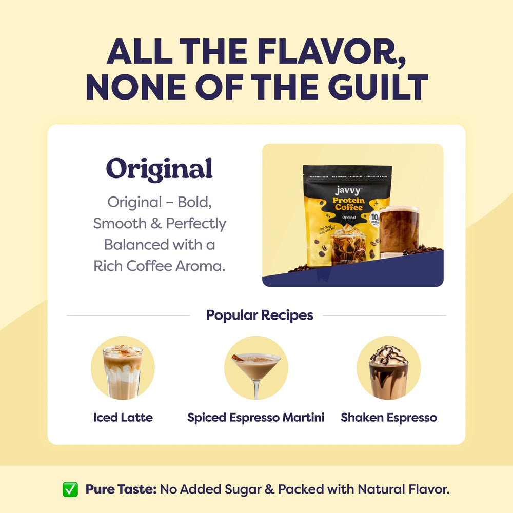 Nutrition panel on Javvy Original Protein Iced Coffee showing no added sugar.