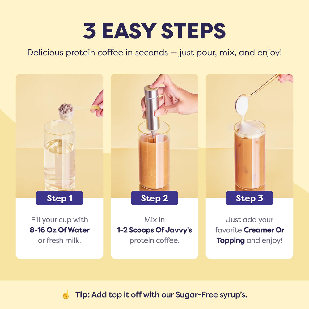 Portable single-serve Javvy protein iced coffee packaging for on-the-go.
