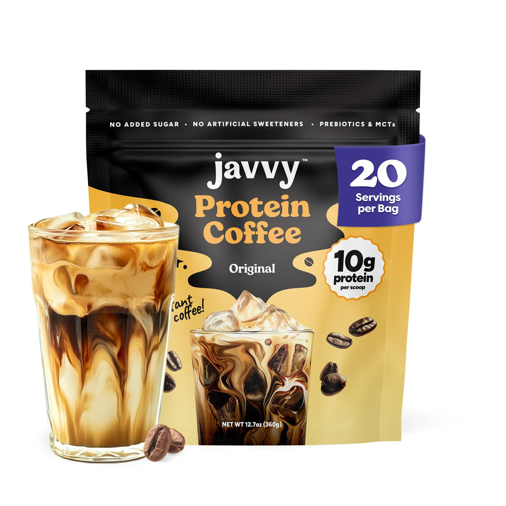Javvy Original Protein Iced Coffee packaging close-up showing natural ingredients and convenient at-home brewing.