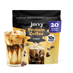 Javvy Original Protein Iced Coffee packaging close-up showing natural ingredients and convenient at-home brewing.