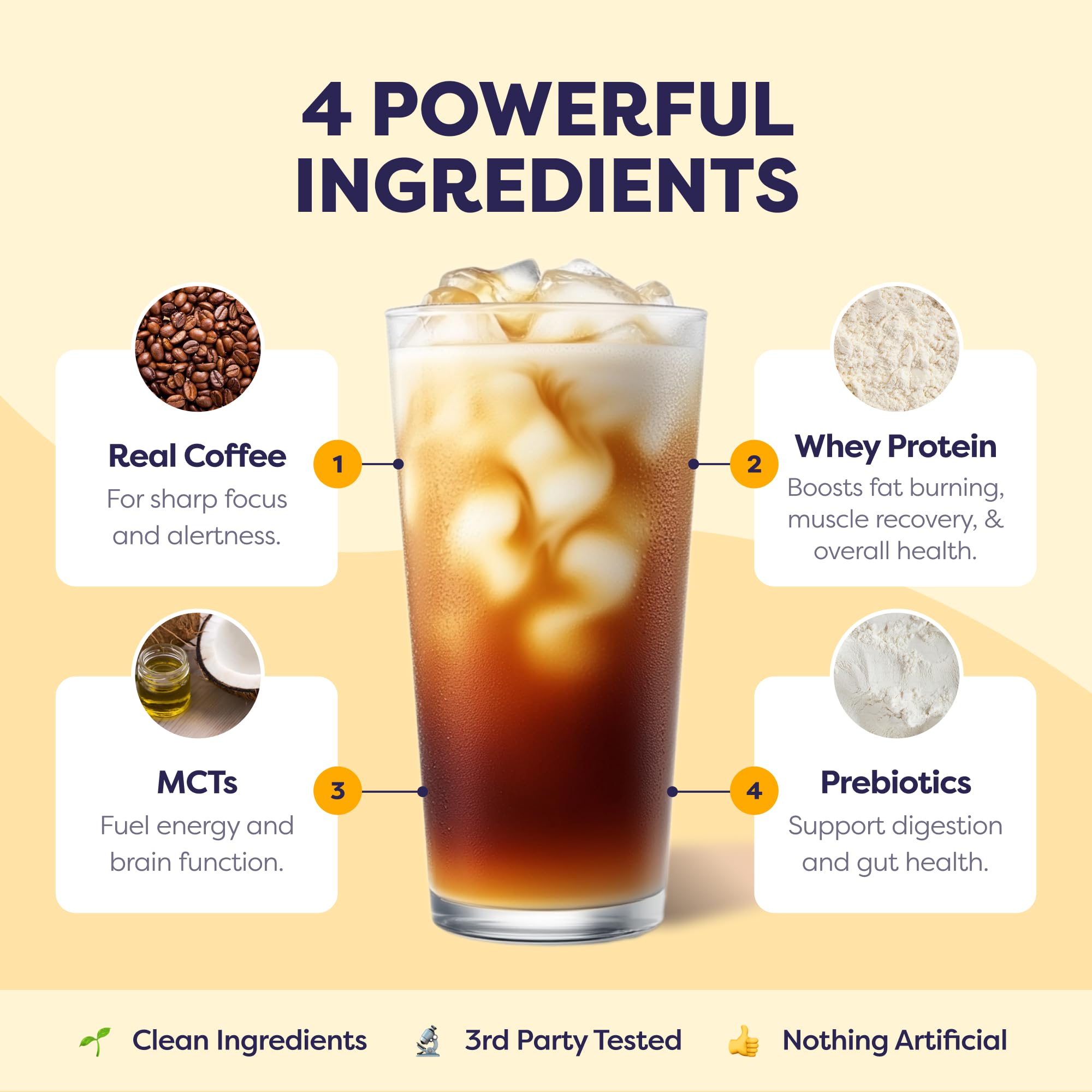 Glass with ice and Javvy Tiramisu Protein Iced Coffee on a table