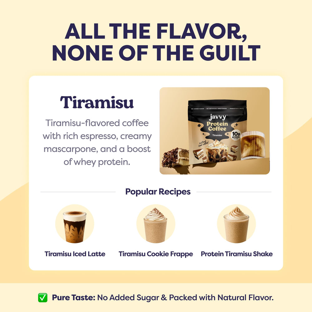 No added sugar Javvy Tiramisu Protein Iced Coffee front label close-up