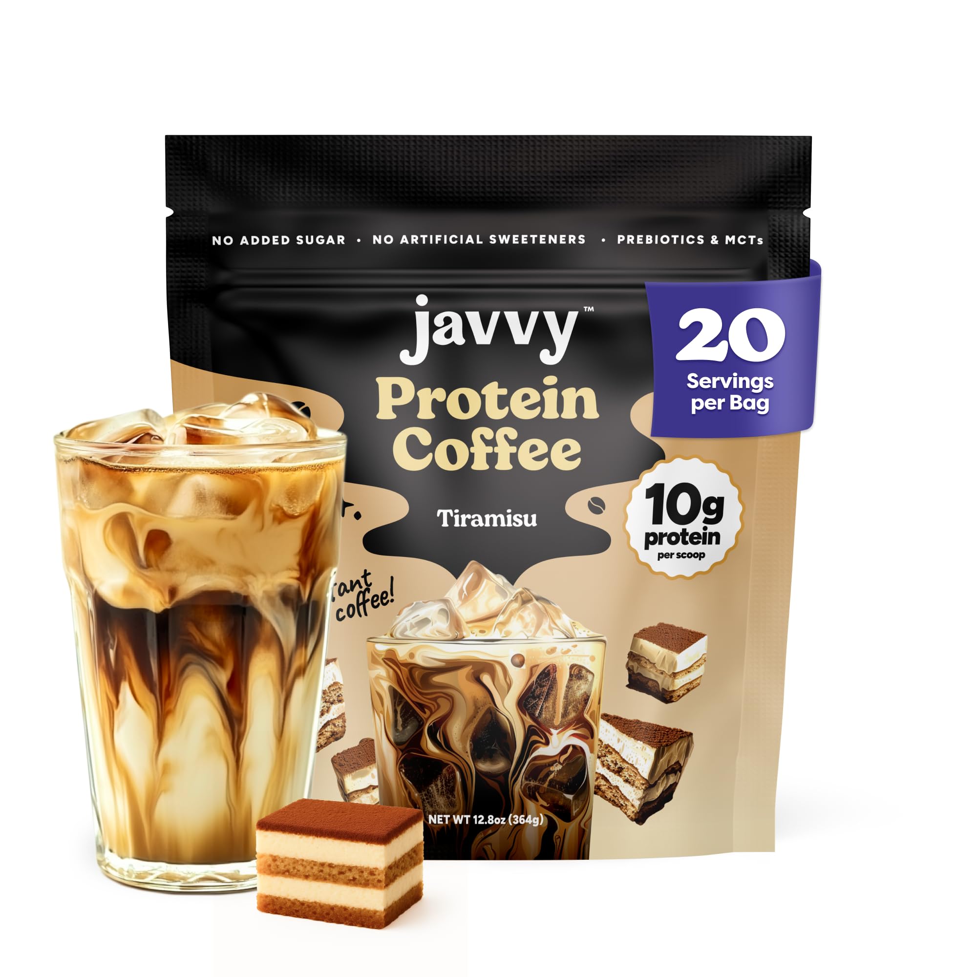 Javvy Tiramisu Protein Iced Coffee packaging shown for on-the-go convenience
