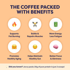 Javvy Whey Protein Coffee powder tub highlighting premium protein blend.