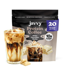 Javvy White Chocolate Mocha Protein Iced Coffee cup with protein-enriched cold brew.