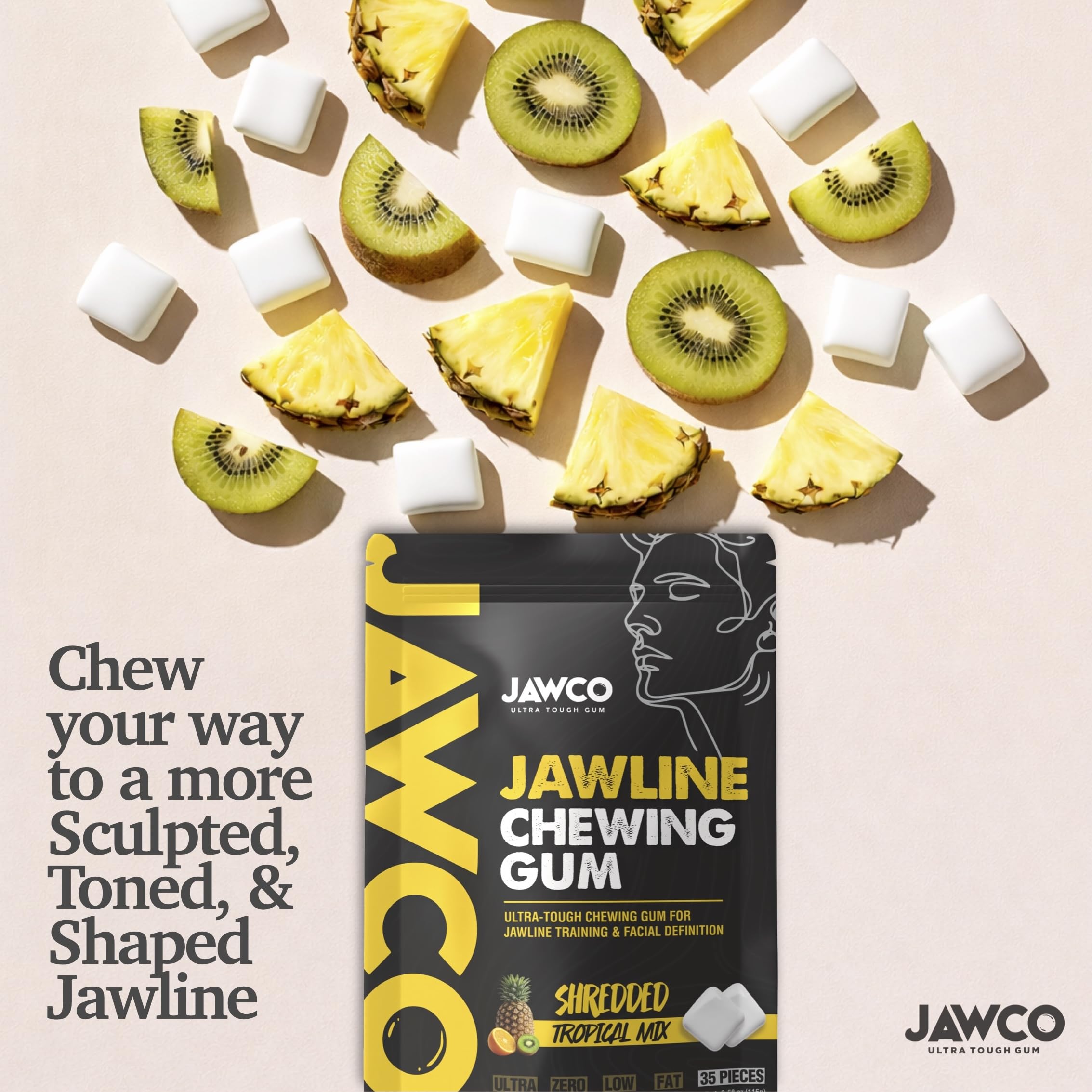 JAWCO 35-piece daily routine visual emphasizes quick, accessible jaw workouts