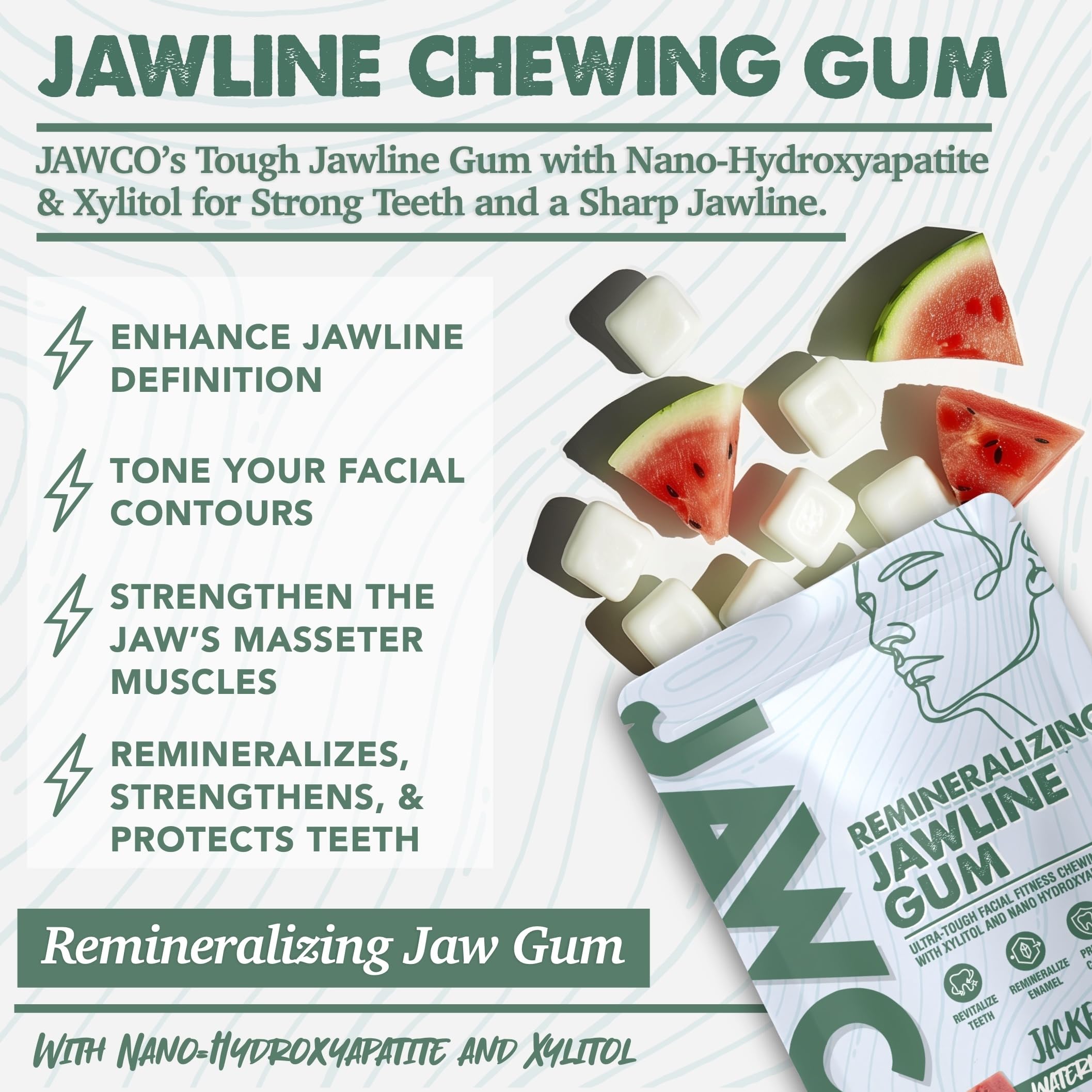 JAWCO daily chew visuals illustrate easy one-minute sessions that may support jawline tone.