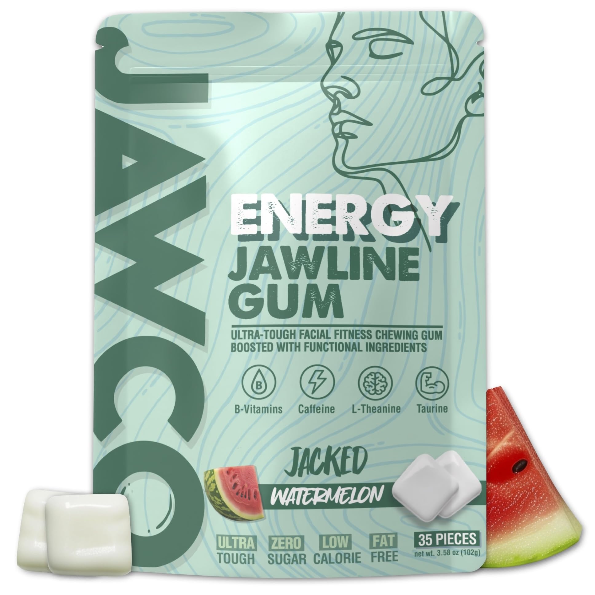 JAWCO Energy Watermelon pack showcases compact, sugar-free gum for quick focus.