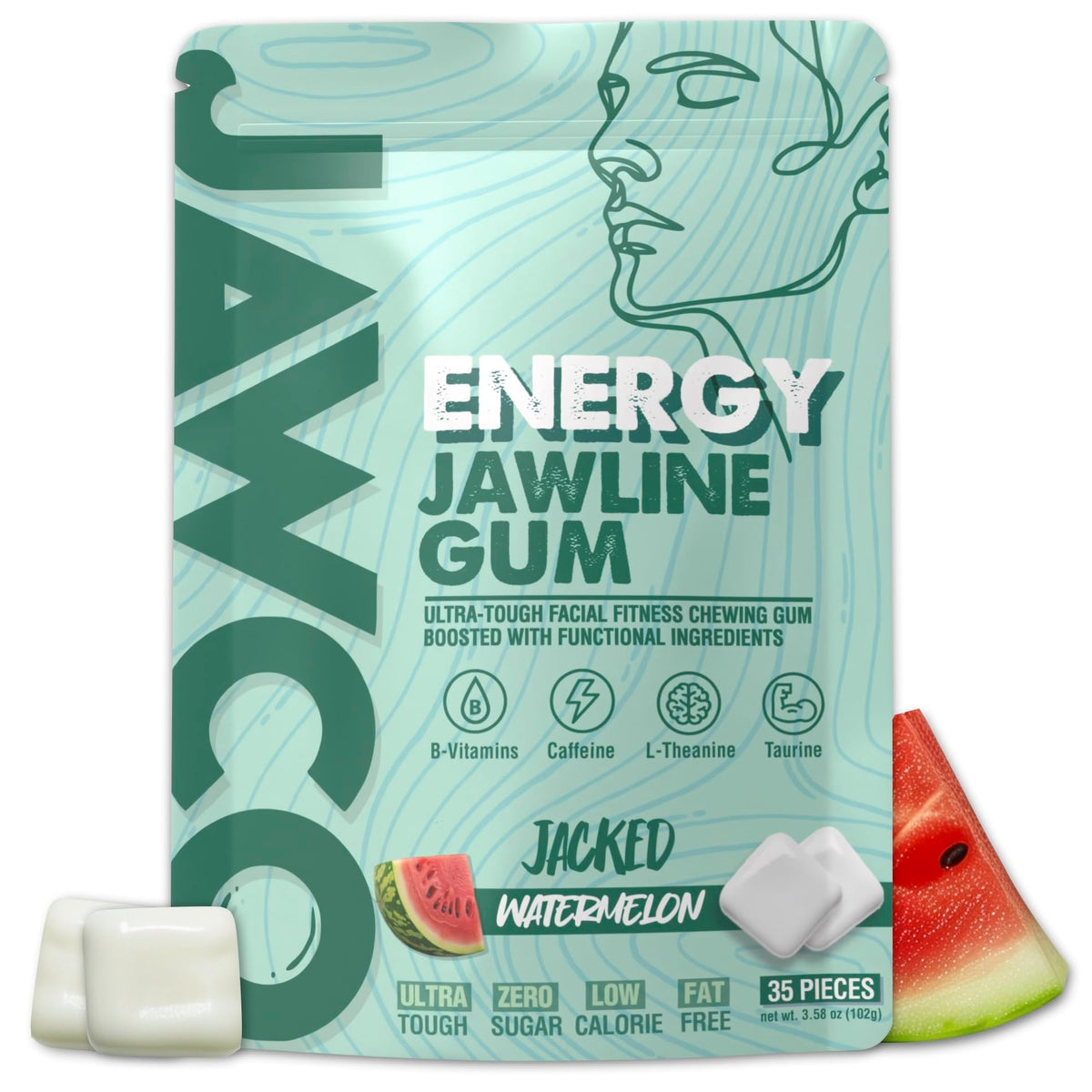 JAWCO Energy Watermelon pack showcases compact, sugar-free gum for quick focus.