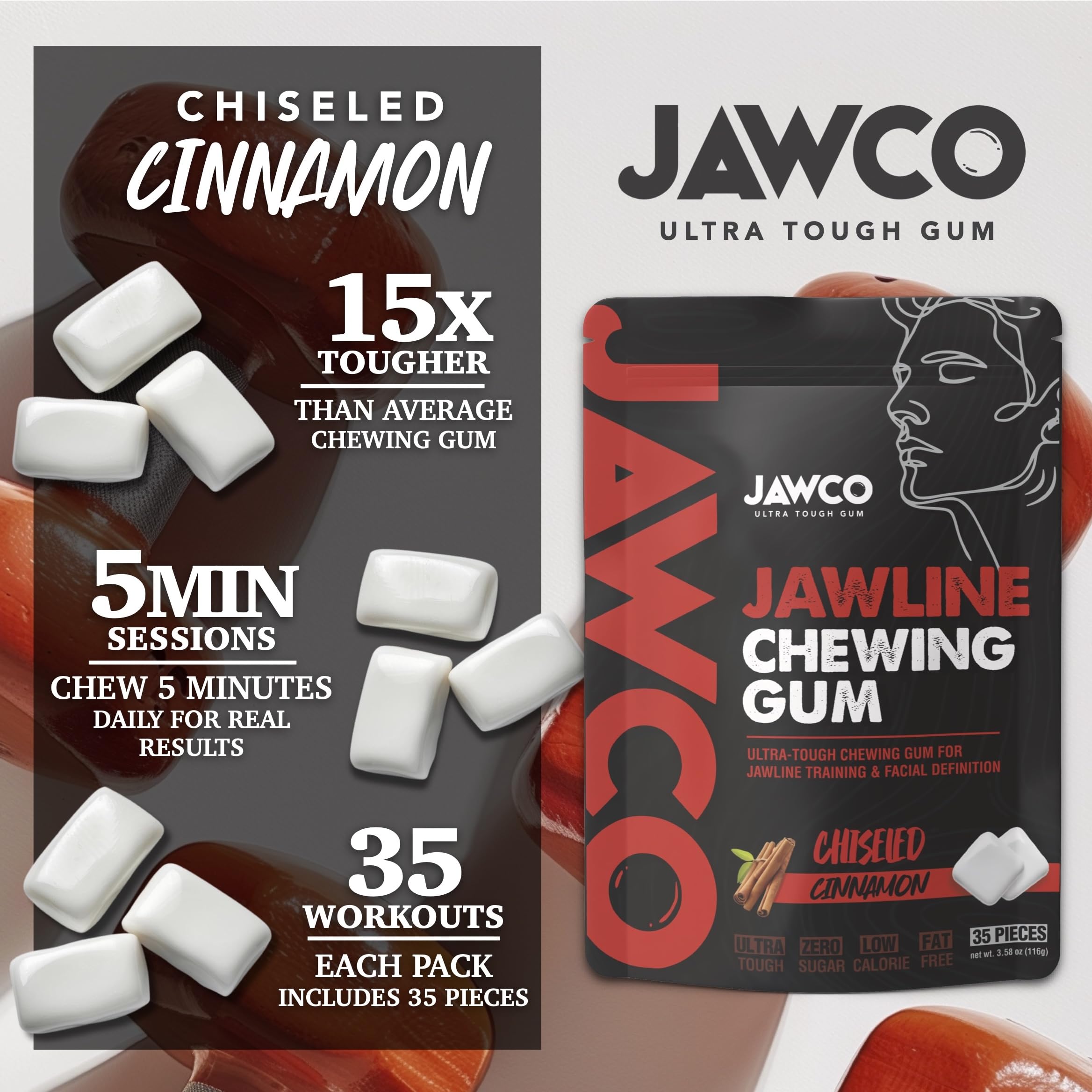 JAWCO gum piece closeup emphasizes texture designed for strong jaw engagement.