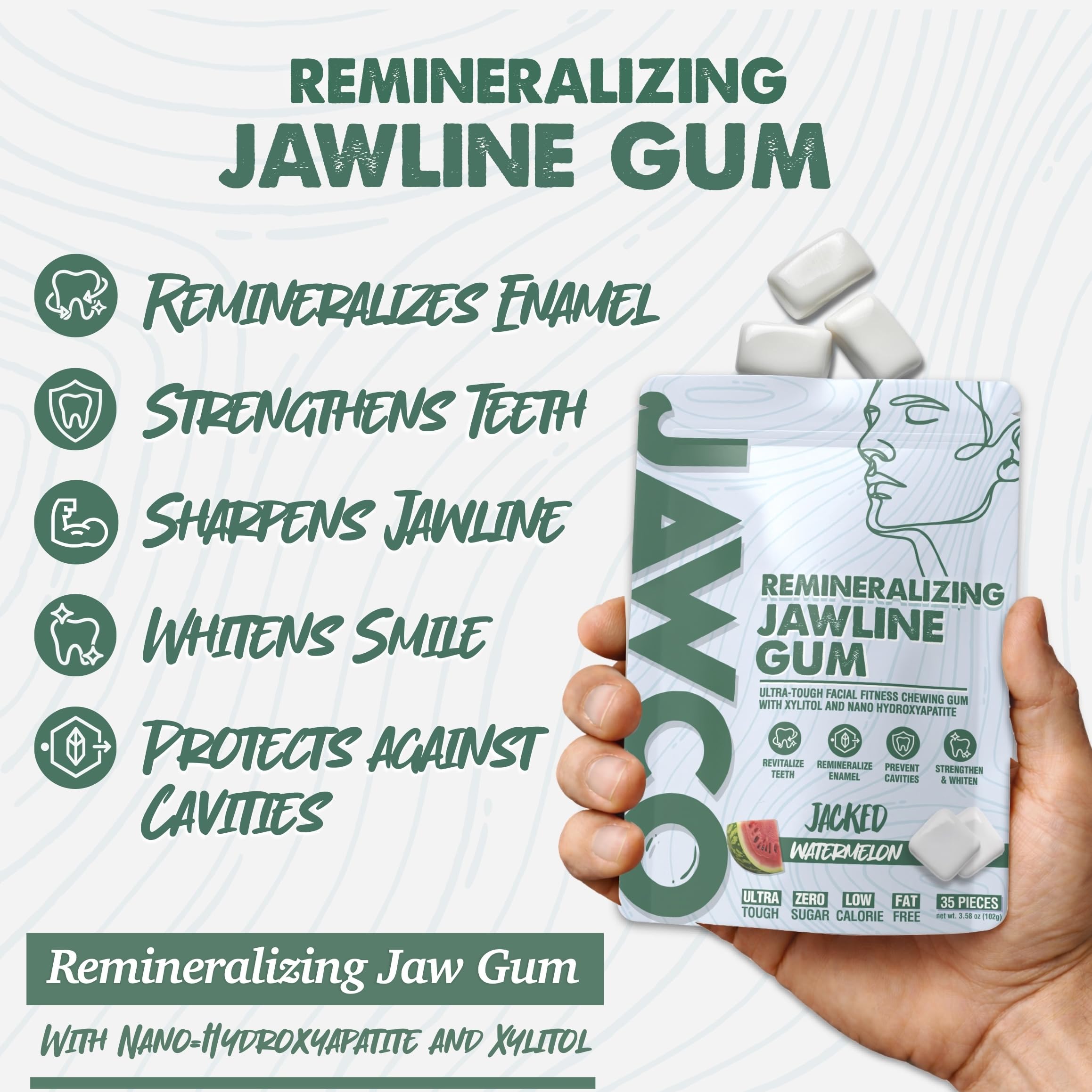 JAWCO gum surface close-up reveals smooth texture for comfortable daily use.