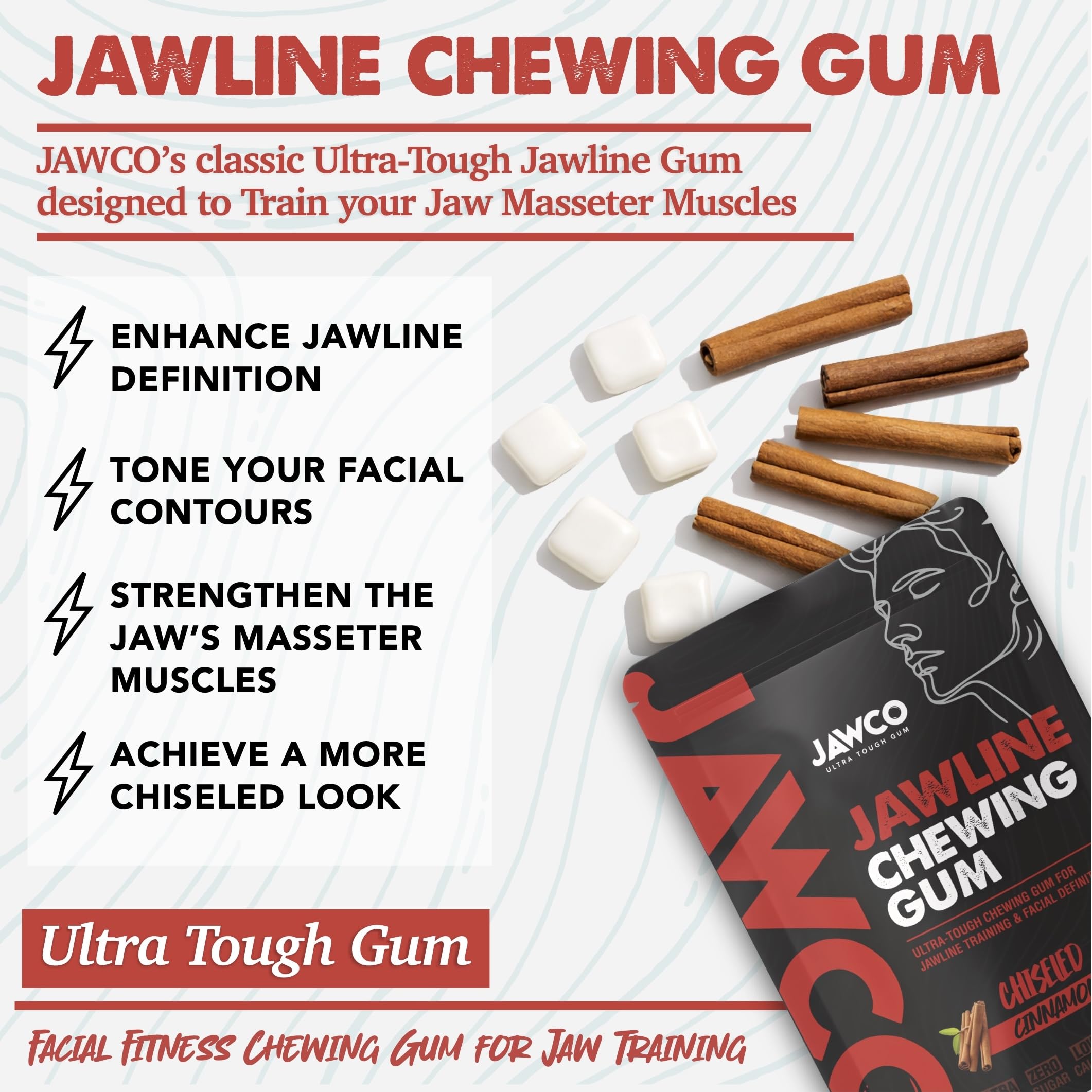 JAWCO gym bag display points to portable jaw training option.