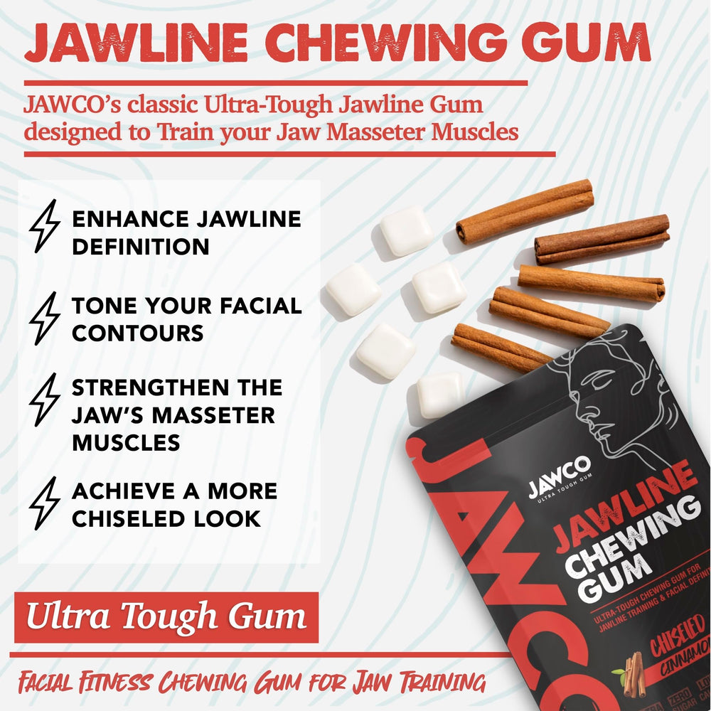JAWCO gym bag display points to portable jaw training option.