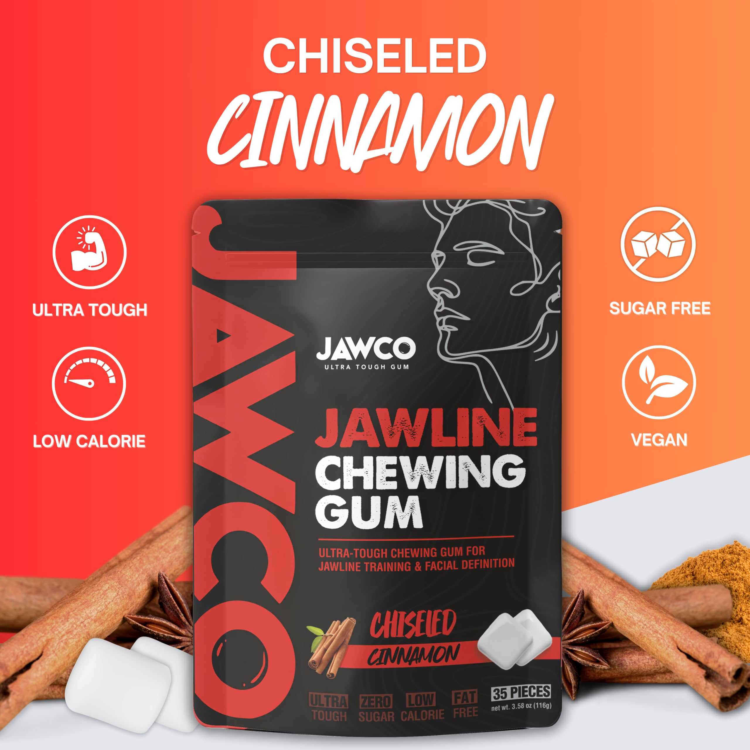 JAWCO label closeup highlights sugar-free vegan formula for clean chewing.