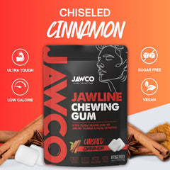 JAWCO label closeup highlights sugar-free vegan formula for clean chewing.
