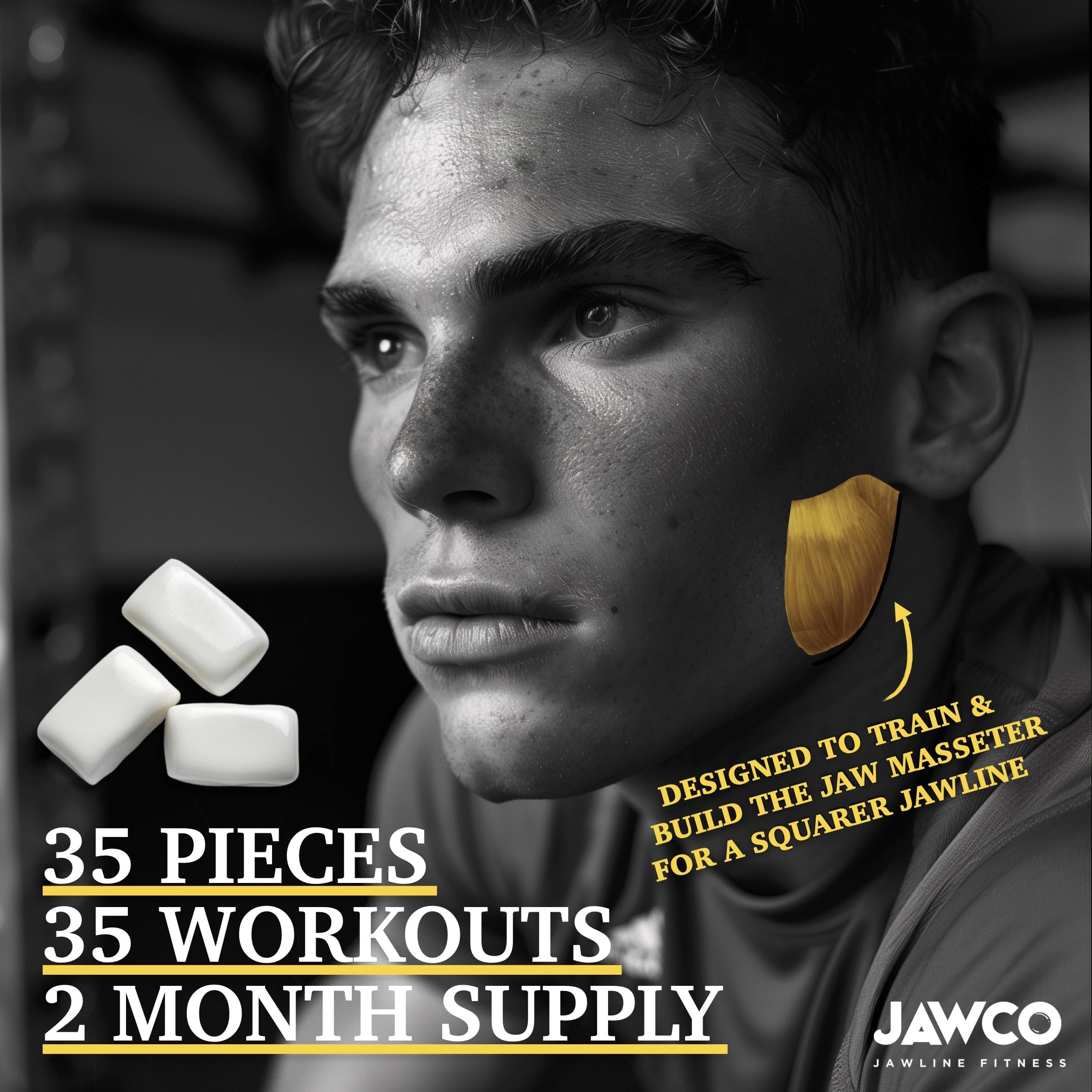 JAWCO masseter muscle workout image emphasizes focused jaw engagement
