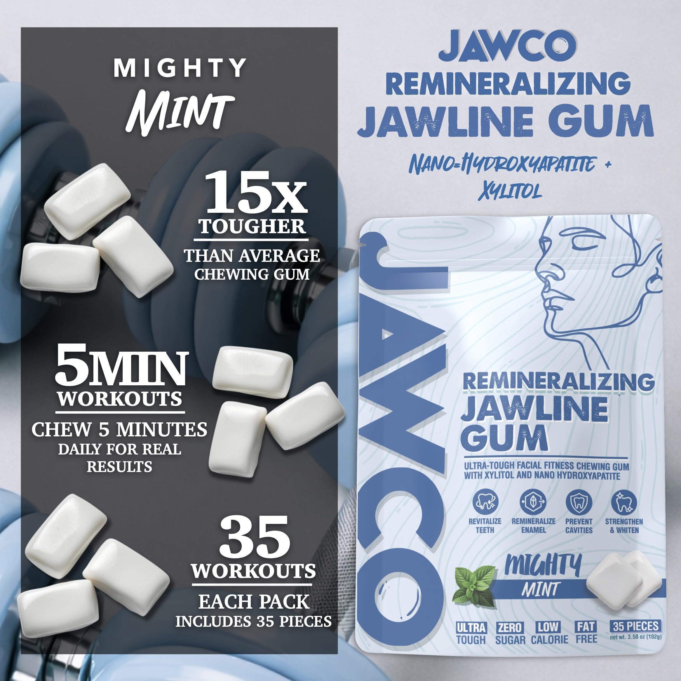 JAWCO nano-hydroxyapatite mineral chew piece supports enamel balance.