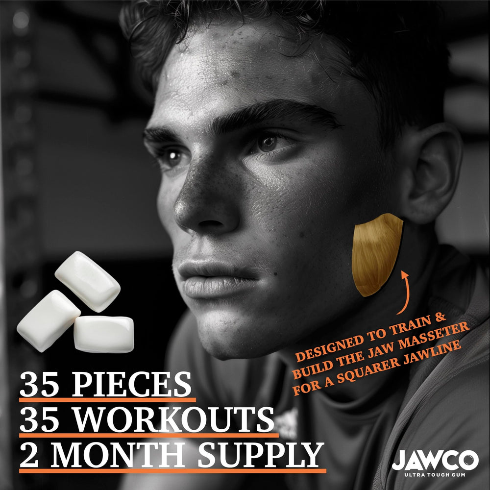 Person chews with JAWCO to engage masseter and temporalis muscles.