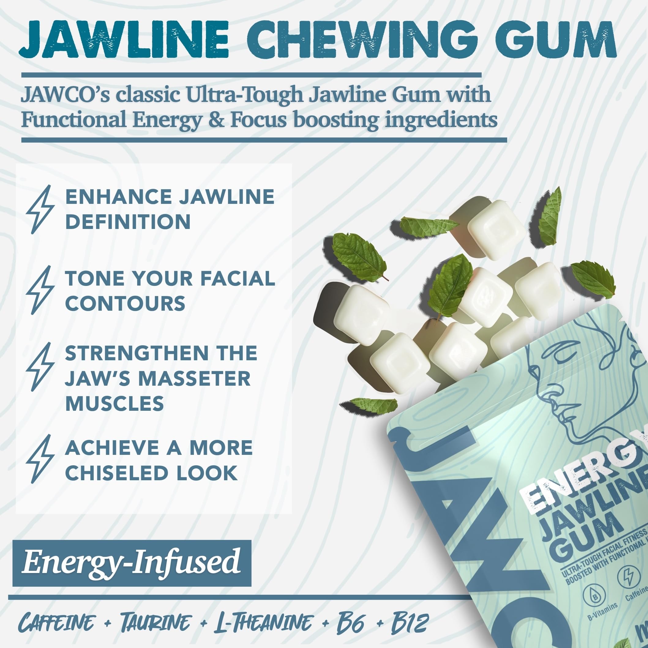 JAWCO ingredients montage emphasizes caffeine, taurine, B vitamins for clarity.