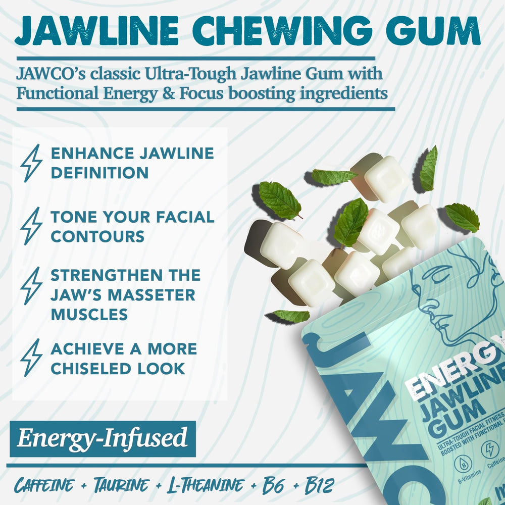 JAWCO ingredients montage emphasizes caffeine, taurine, B vitamins for clarity.