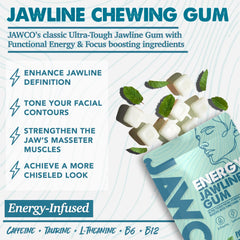 JAWCO ingredients montage emphasizes caffeine, taurine, B vitamins for clarity.