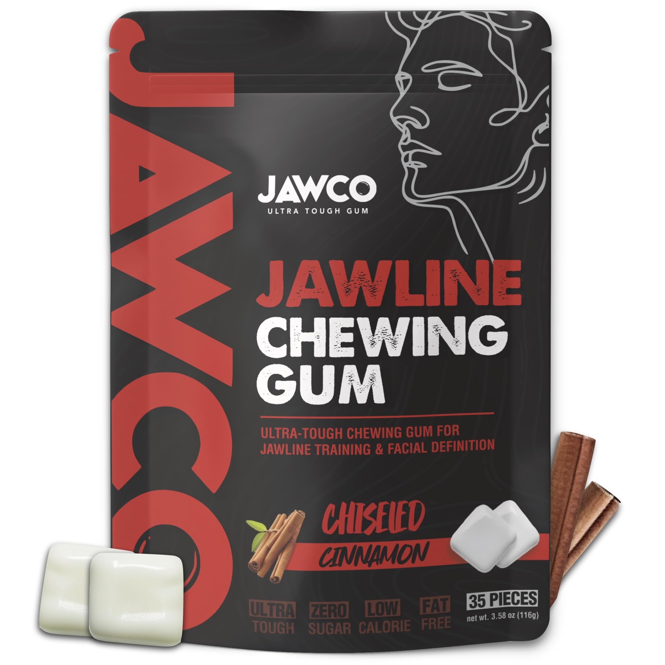 JAWCO packaging view shows Ultra-Tough Jawline Chewing Gum for daily jaw training.