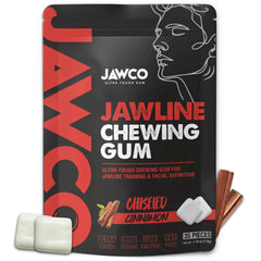 JAWCO packaging view shows Ultra-Tough Jawline Chewing Gum for daily jaw training.