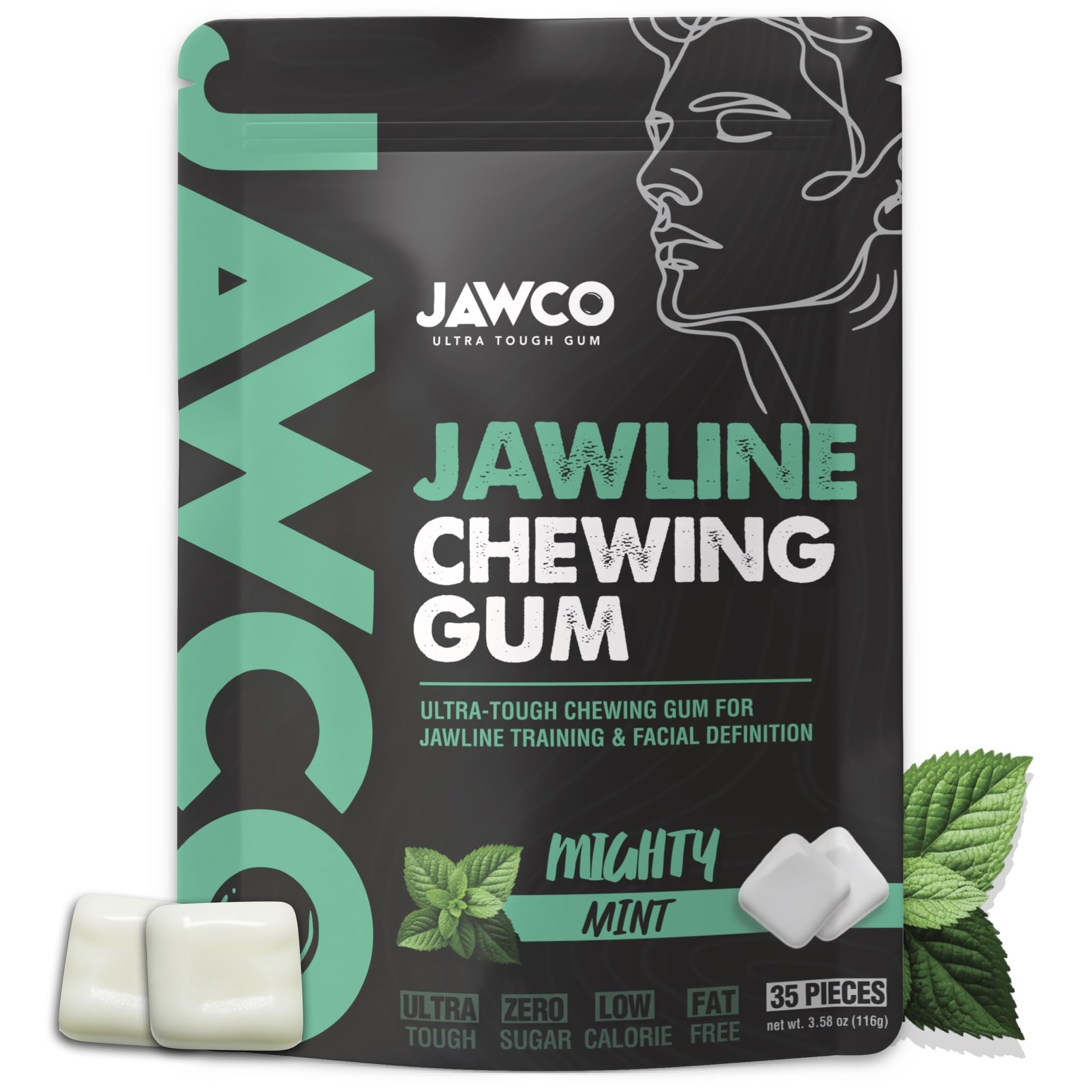 JAWCO ultra-tough gum pack highlighting mint flavor for jaw training sessions.