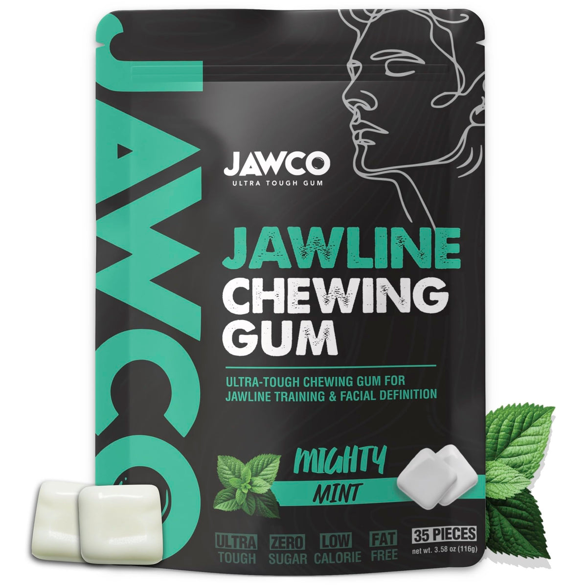 JAWCO ultra-tough gum pack highlighting mint flavor for jaw training sessions.