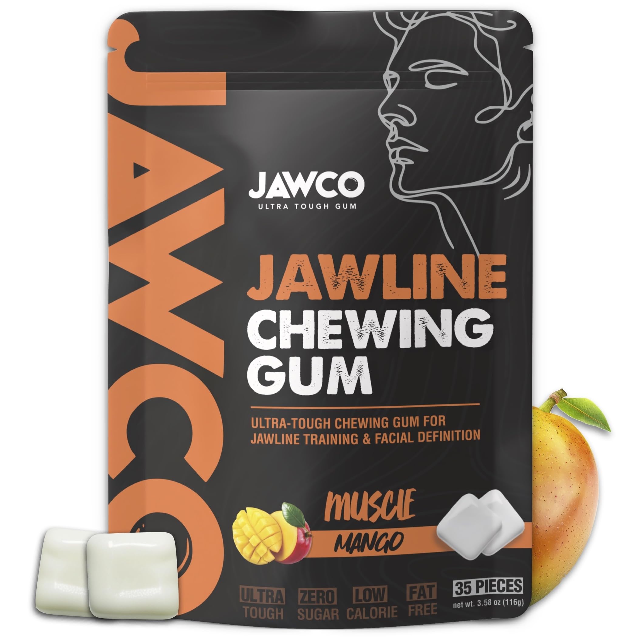 JAWCO box front shows gum for jawline training and defined contours.