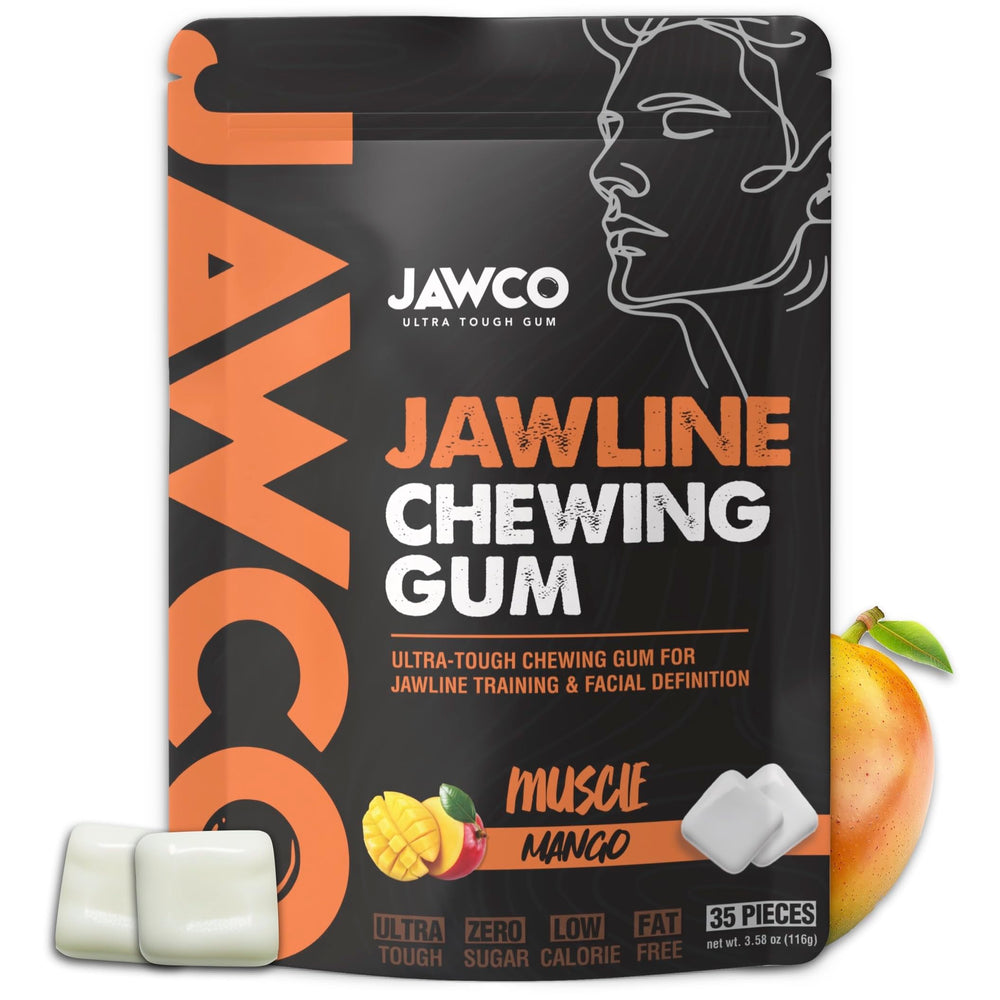 JAWCO box front shows gum for jawline training and defined contours.