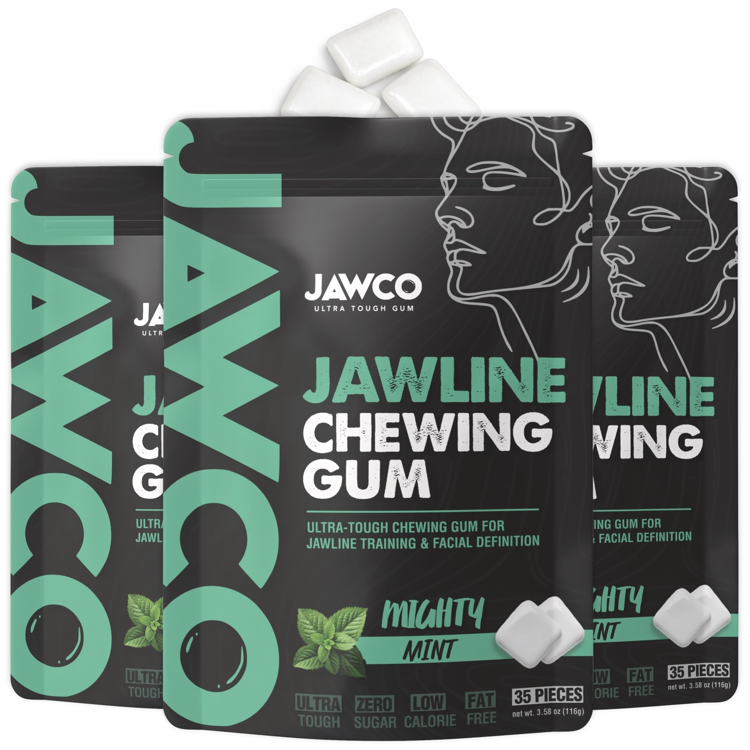 JAWCO Ultra-tough jawline chewing gum pack shown for powerful daily facial training