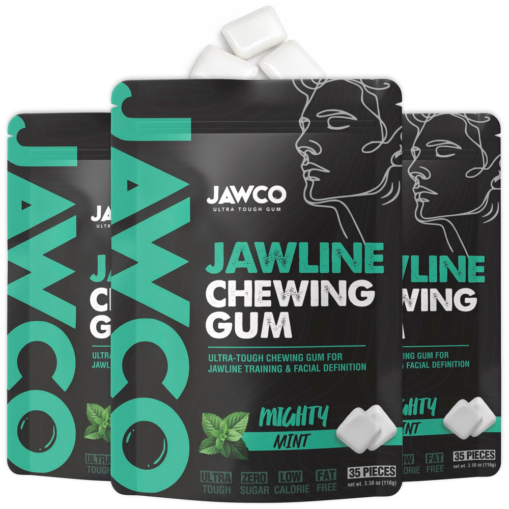 JAWCO Ultra-tough jawline chewing gum pack shown for powerful daily facial training