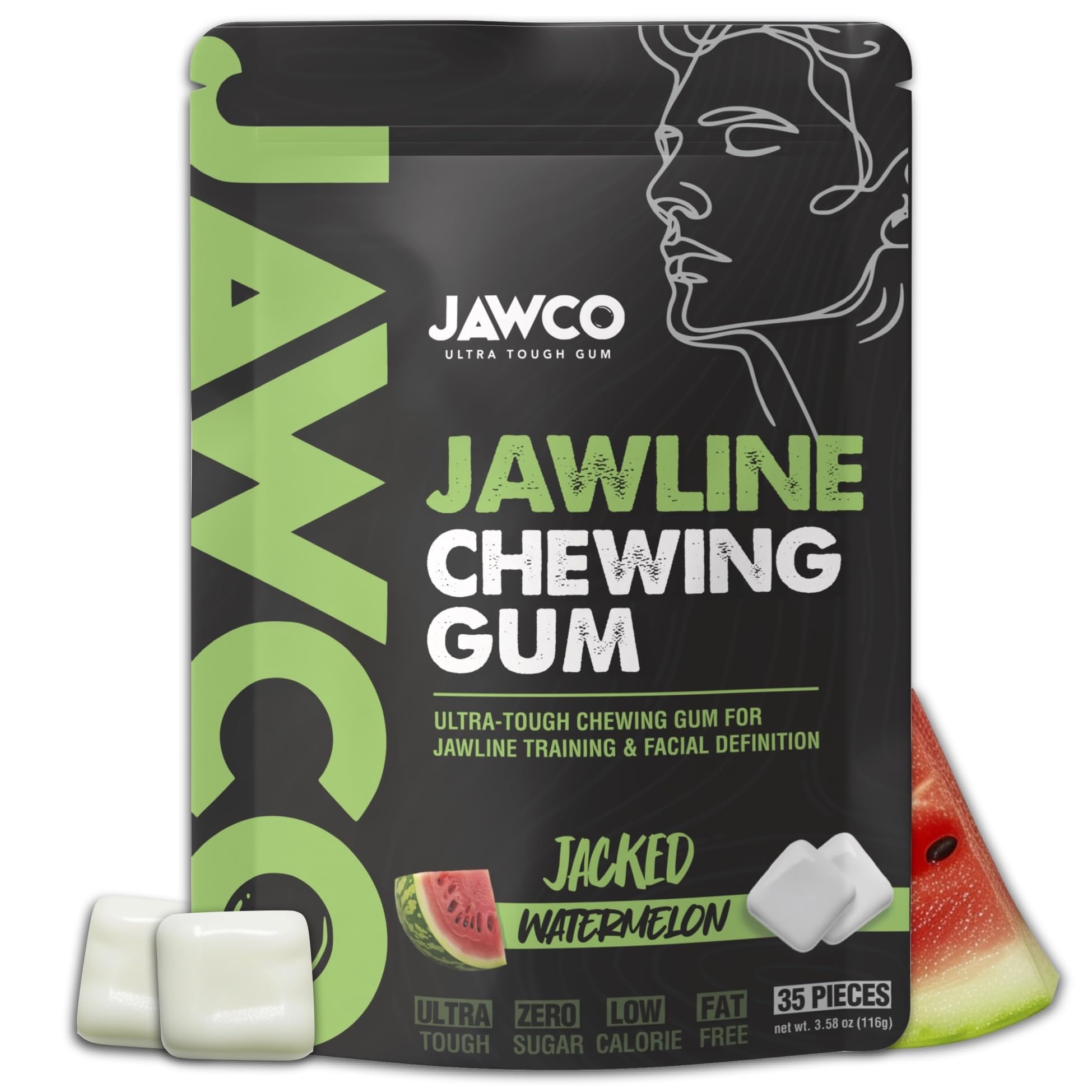 JAWCO ultra-tough jawline gum pack close-up showing durable chewing for facial contour definition