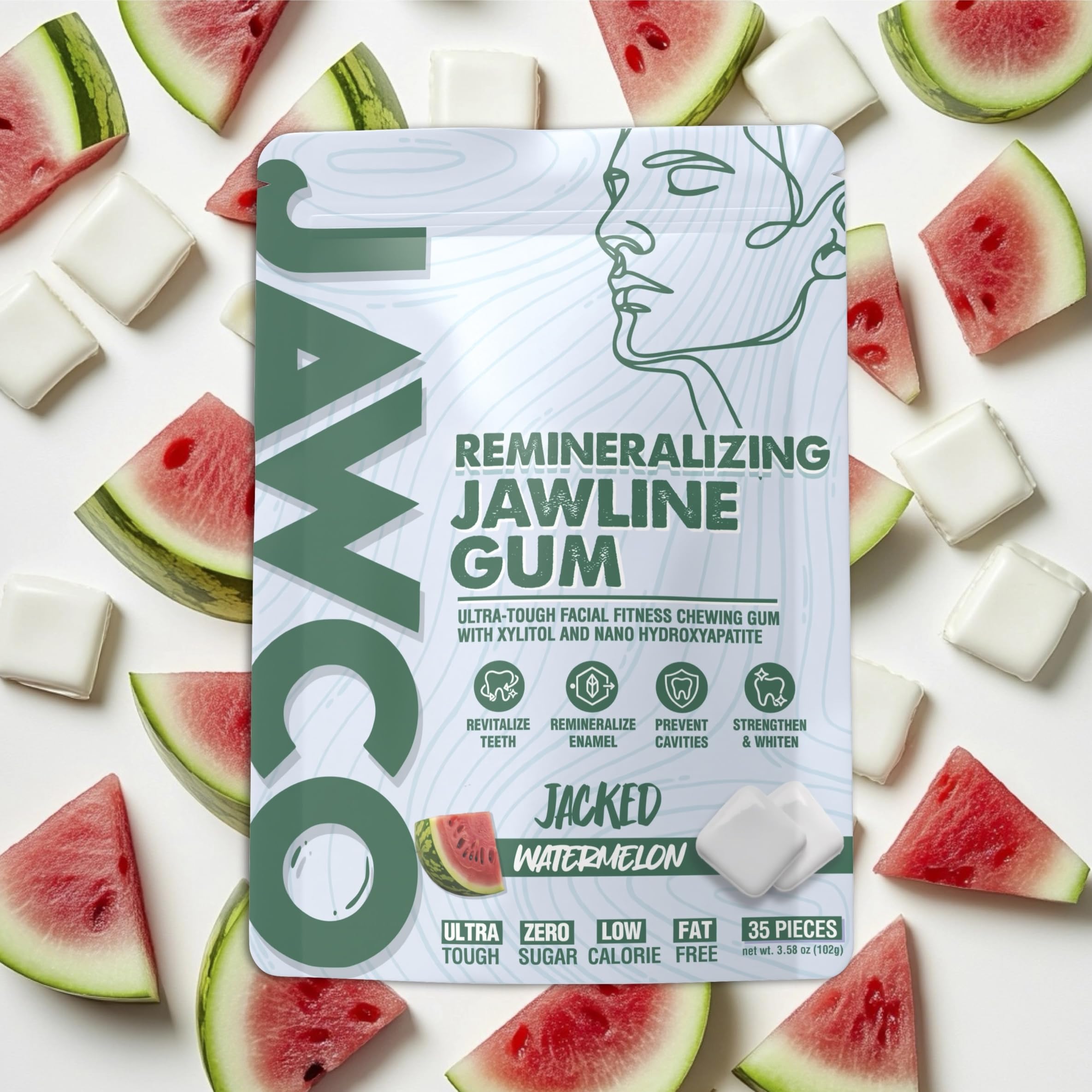 JAWCO Watermelon gum pieces arranged to highlight flavor and fresh breath benefits.