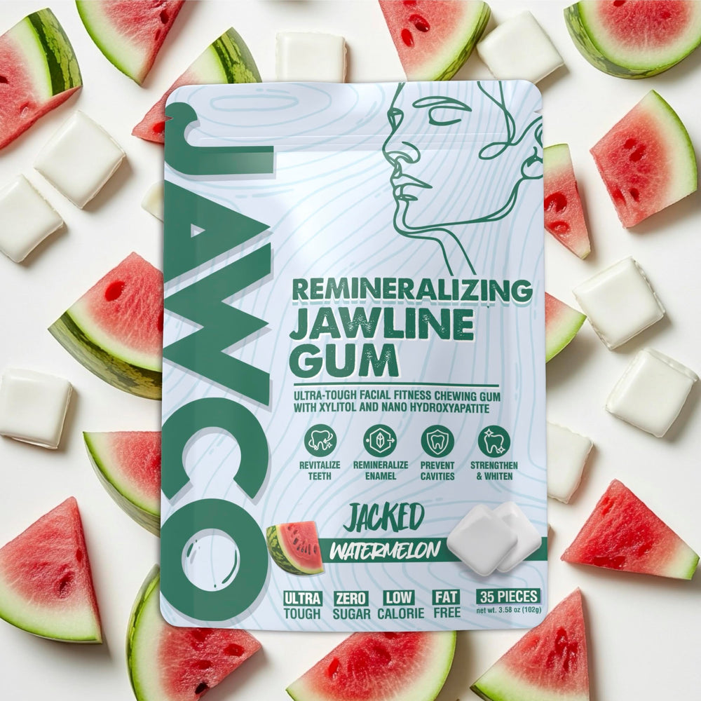 JAWCO Watermelon gum pieces arranged to highlight flavor and fresh breath benefits.