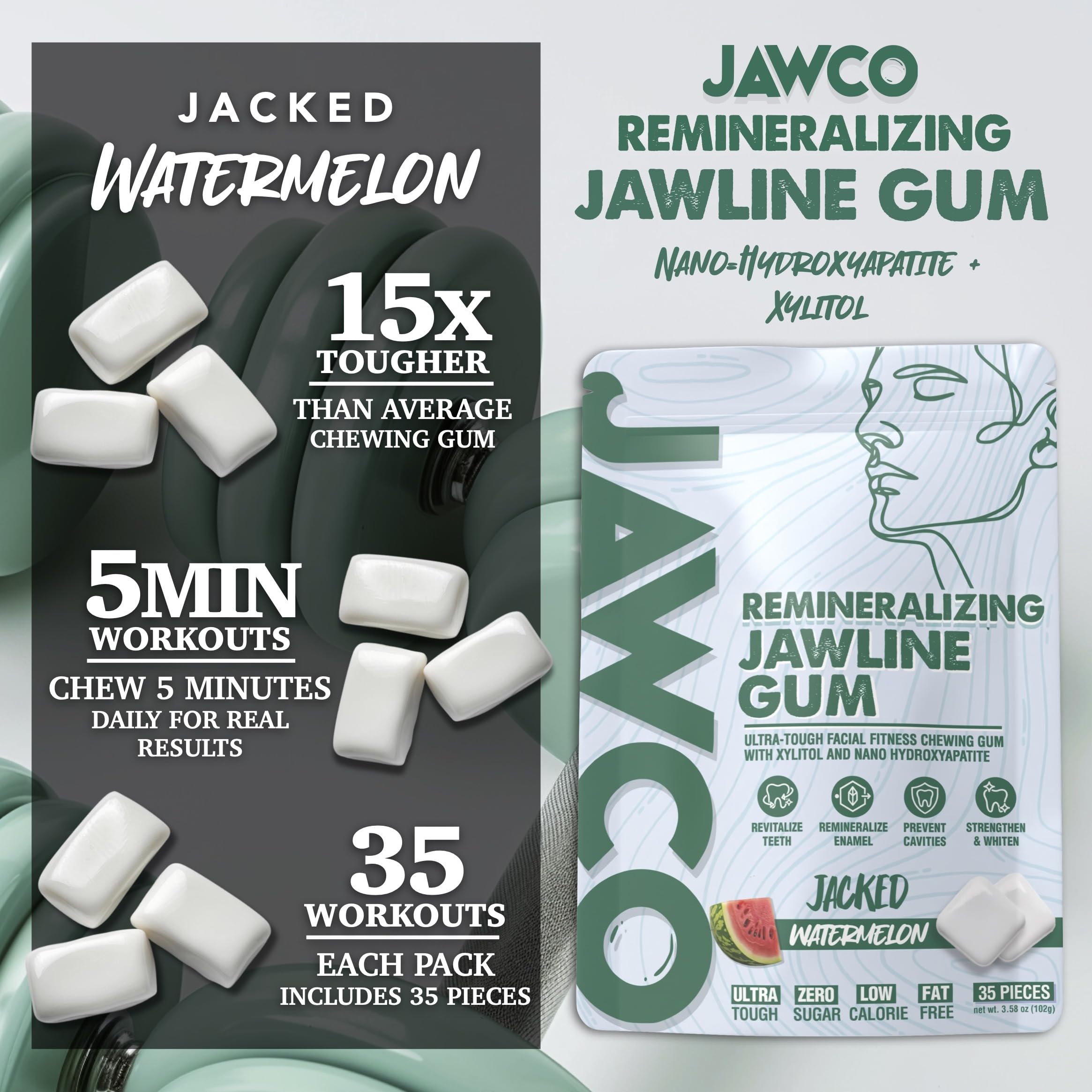 JAWCO Watermelon gum pieces close-up showcases rugged texture for jaw training sessions.