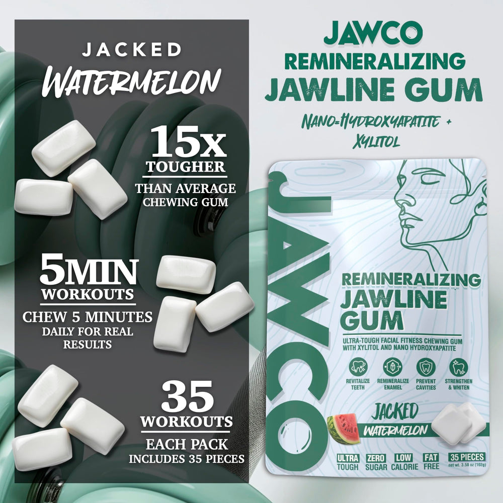 JAWCO Watermelon gum pieces close-up showcases rugged texture for jaw training sessions.
