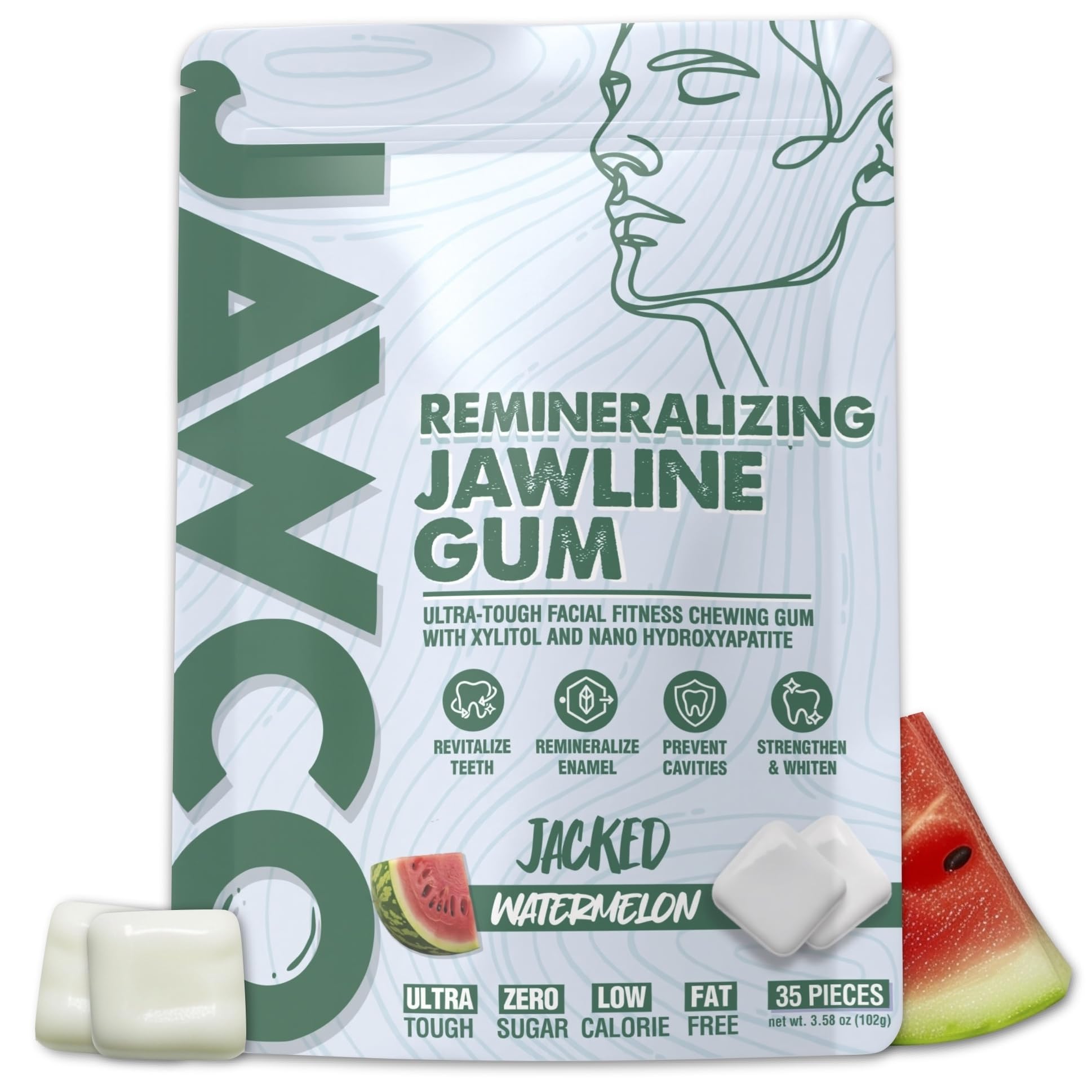JAWCO Watermelon remineralizing gum pack view promotes daily remineralizing chew for oral balance.