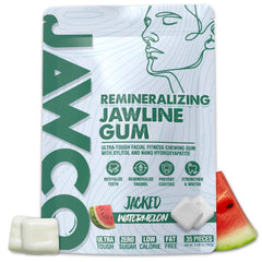 JAWCO Watermelon remineralizing gum pack view promotes daily remineralizing chew for oral balance.