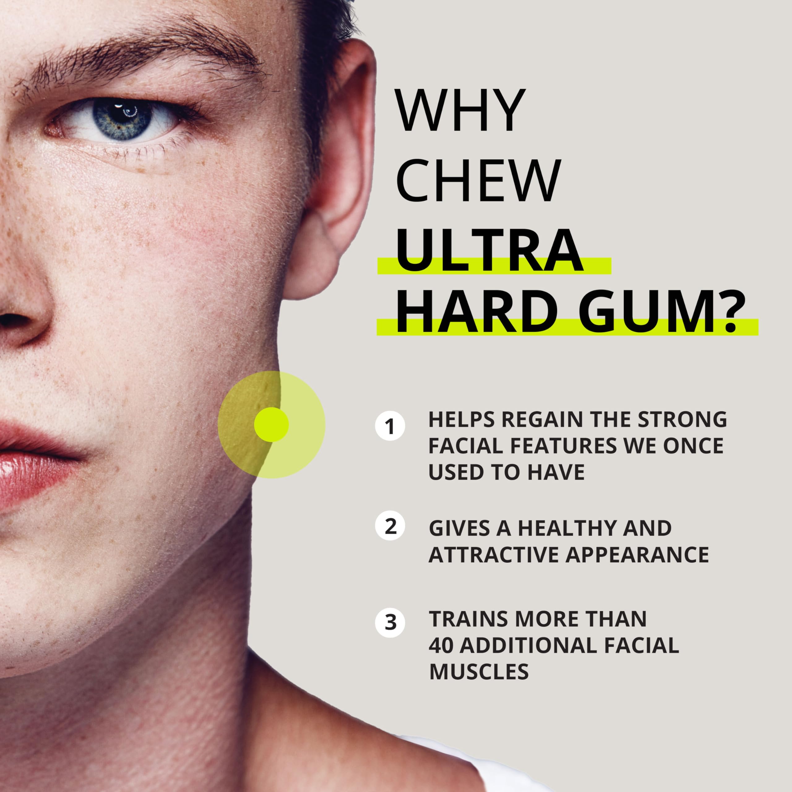 Jawliner 15x harder gum texture shown during focused jaw muscle training.