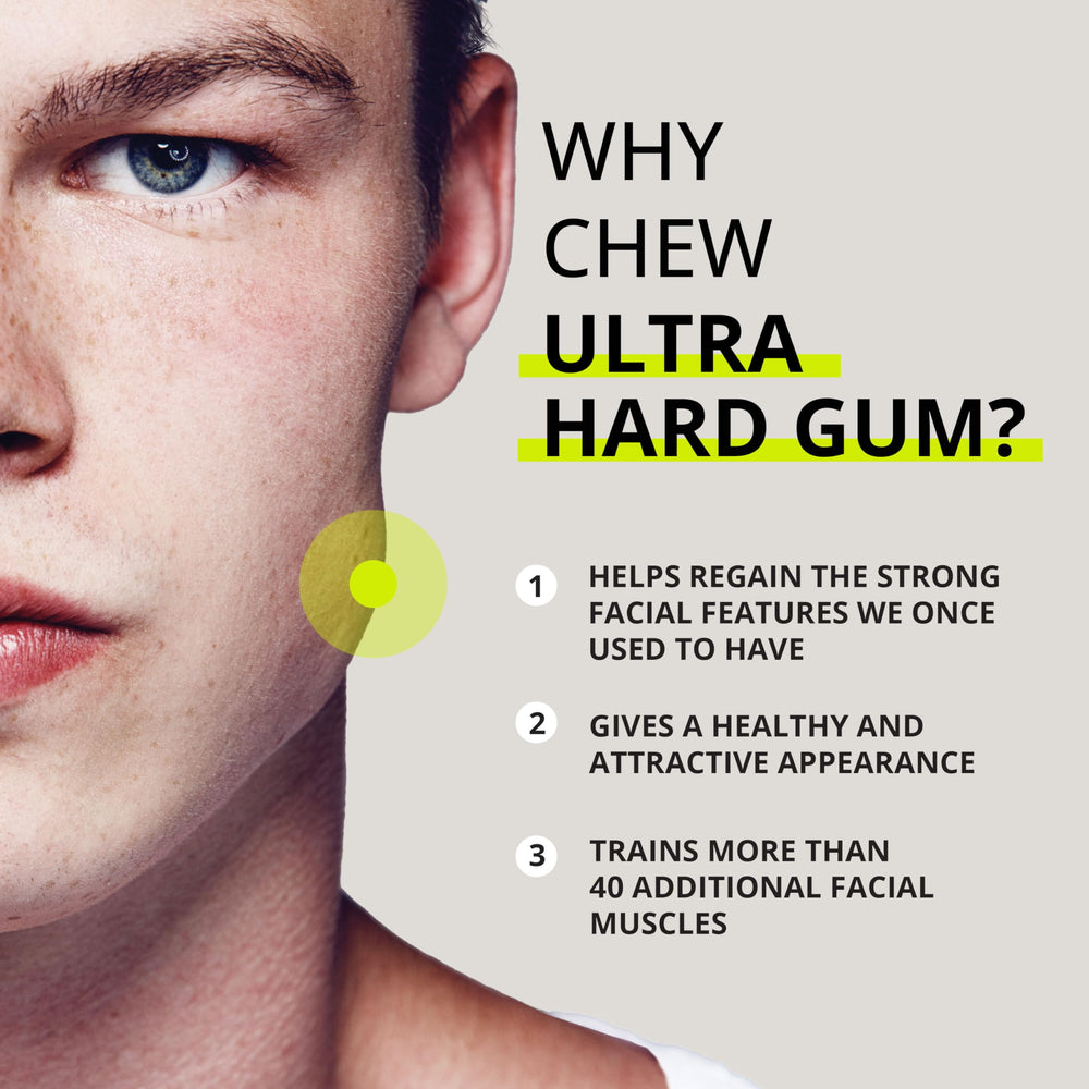 Jawliner 15x harder gum texture shown during focused jaw muscle training.